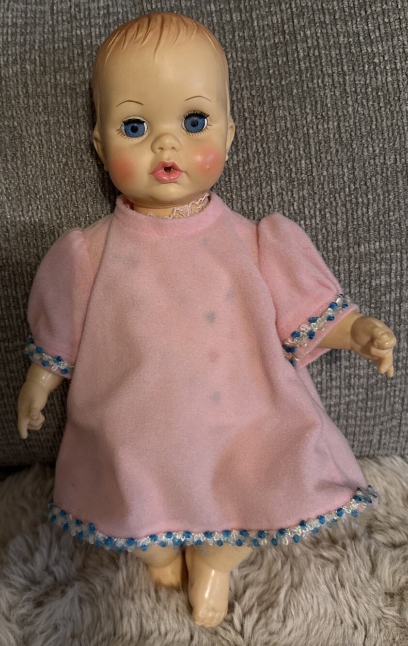 Vintage 1971 Uneeda Italy Drink & Wet Baby Doll Sleep Eyes Pink Dress 12”